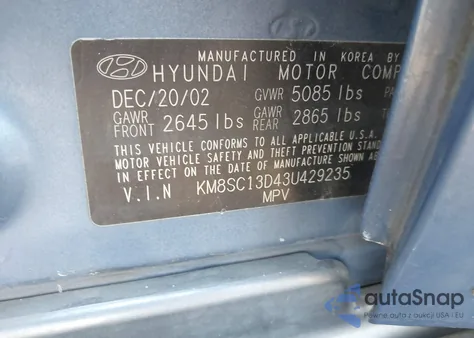 2003 Hyundai Santa Fe Gls/Lx из США, поврежденный, VIN KM8SC13D43U429235